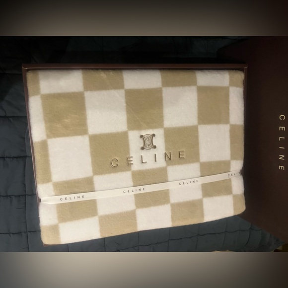 Celine Other - NIB: CELINE Checkered Throw Blanket w/ Triomphe Logo, Tan/White, 4' 7" × 6' 7"